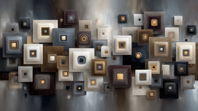 Abstract geometric artwork featuring nested squares in neutral tones create a contemporary art piece
