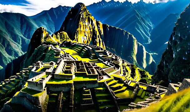 Ancient inca citadel of machu picchu nestled in the andes mountains