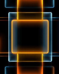 Luminous Tunnel of Concentric Orange and Blue Neon Squares on a Reflective Grid.