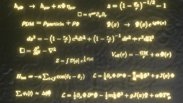 The math science formula concept animation of gravity well, entanglement, event horizon, gravitational redshift, path integral coupling, multidimensional time, contribution to cosmic complementarity.
