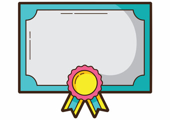 Cartoon illustration of a blank certificate or diploma with a seal and ribbons at the bottom.