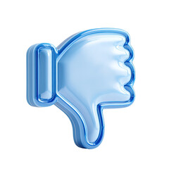 Translucent blue glass thumbs-down icon, 3D rendered, glossy finish,  negative feedback symbol