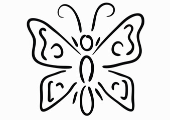 Fototapeta premium Black line drawing of a butterfly with decorative wings on a white background