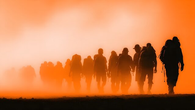 A group of hikers with backpacks walk in a line through a dusty, orangehued landscape, silhouetted against a bright sky, conveying a sense of adventure and perseverance