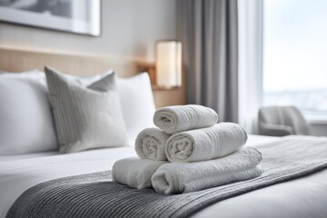 Cozy hotel room with neatly stacked white towels on a bed, near a window