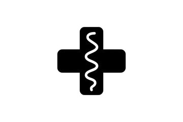 Black medical cross icon with wavy line simple vector glyph symbol for healthcare isolated on white background