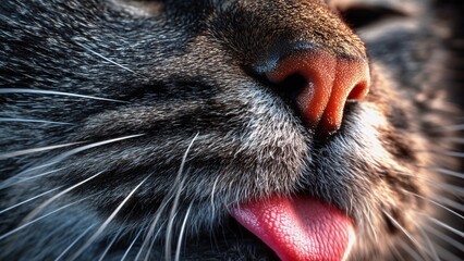 Gray cat sticking out its tongue, revealing a pink nose and long white whiskers, captured in a close-up shot that emphasizes the intricate details of its adorable face