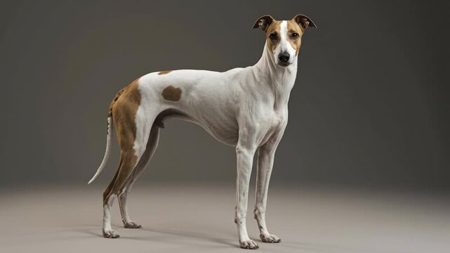 Tan and white whippet stands tall in a studio looking at the camera