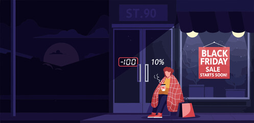 Lonely customer waiting outside shop with a Black Friday sale sign under dark night sky