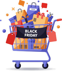 Vibrant Black Friday shopping cart filled with diverse gifts and merchandise