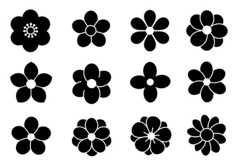 Fototapeta premium Groovy hippy daisy flowers set. hand drawn decorative elements. flowers silhouette. flower icon. Vector illustration