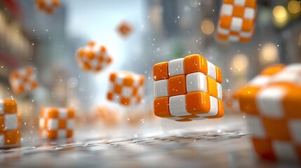 Abstract orange and white checkered cubes floating in a whimsical snowy cityscape