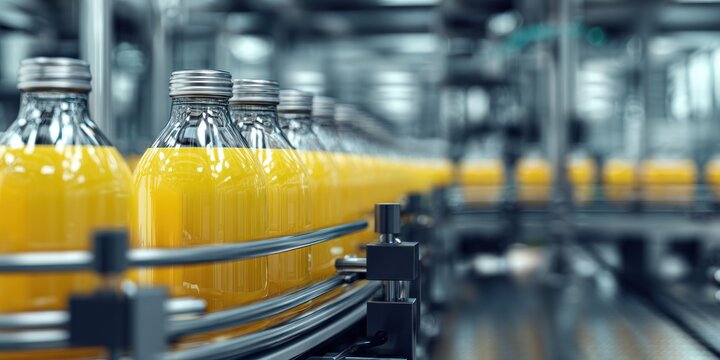 Glass bottles of orange juice move along a factory production line, with metal caps, blurred background