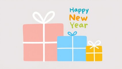 Happy new year greeting card featuring three cute pastel colored gift boxes, celebrating winter holidays and gift giving traditions with a festive illustration