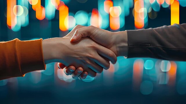 Handshake Deal: A close-up shot captures a firm handshake between two individuals, symbolizing collaboration and agreement in the digital age. Set against a dynamic, colorful blurred background