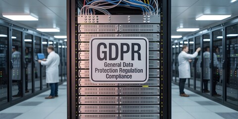 Two professionals in lab coats meticulously inspect servers, a clear depiction of modern technology. The image captures the essence of data security. and regulatory compliance.