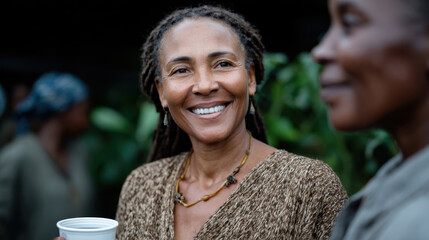 A woman with dreadlocks smiles brightly while holding a cup of coffee, surrounded by greenery and a warm ambiance, capturing a moment of connection and joy.