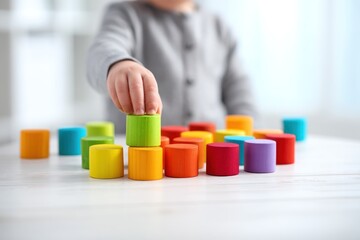 Child's hand placing green block atop vibrant wooden cylinders on a light-colored surface