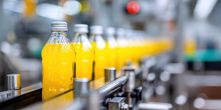 Bottles filled with yellow liquid travel along a conveyor belt in a factory setting