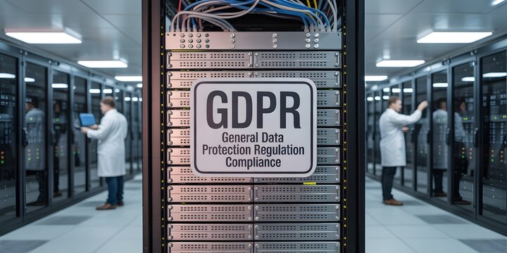 Two professionals in lab coats meticulously inspect servers, a clear depiction of modern technology. The image captures the essence of data security. and regulatory compliance.