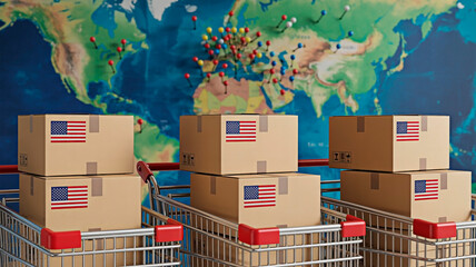 Global Shipping and Logistics: Cardboard boxes marked with the United States flag, packed and ready to ship globally. The photograph highlights international commerce and the flow of goods.