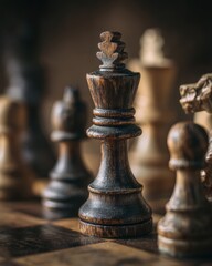 Fototapeta premium Strategic Focus - A Weathered Black King Dominates a Vintage Chessboard.