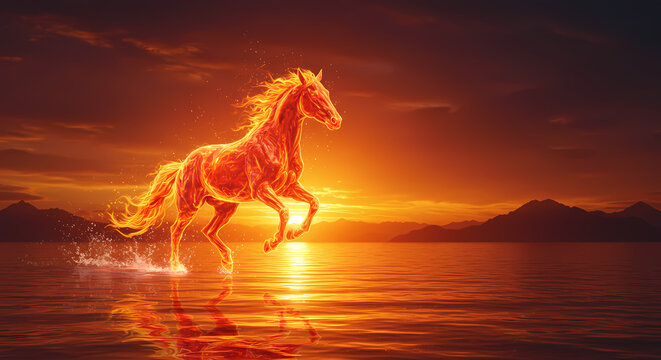 Fiery horse running in water during sunset representing Red Fire Horse, symbol for the 2026 Year of the Fire Horse, showcasing power and vitality for themed celebrations.  