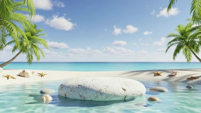 An idyllic tropical beach scene featuring crystal-clear turquoise waters lapping gently onto a pristine white sandy shore under a bright blue sky with scattered clouds. A large, smooth white stone eme