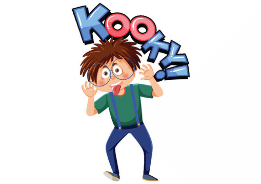 Cartoon boy with brown hair and green shirt expressing excitement with a kooky speech bubble
