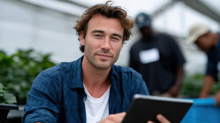A smiling man in a coffee plantation looks at his tablet, showing the integration of technology in agriculture and the positive impact it has on efficient farming practices and teamwork.