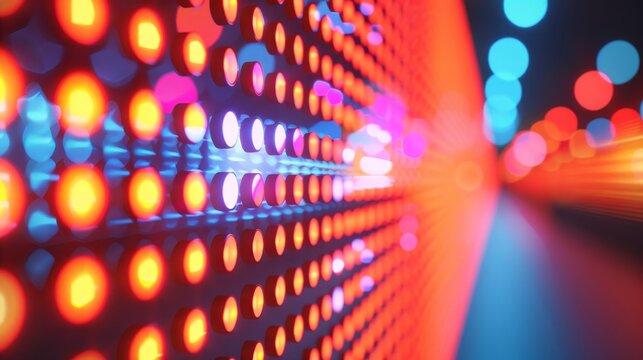 Vibrant rgb pixel pattern on led screen displaying dots against light background for videowall
