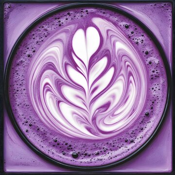 Purple Latte Art, Swirled Cream Flower Design in a Cup