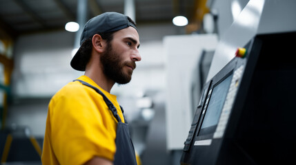Industrial worker operating CNC machine with digital touchscreen interface, modern smart factory environment CNC machine, industrial worker, smart factory, automation, industry 4.0