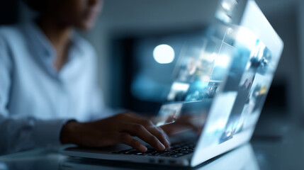 Young professional working on laptop with augmented reality social media feed projected in air, futuristic digital workspace augmented reality, AR social media, digital marketing,