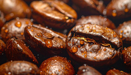 Roasted coffee bean close up with water droplets, showing rich brown texture and glossy surface, evoking freshness and aroma in high fidelity macro shot
