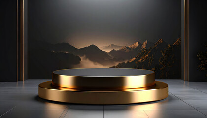 Golden round podium with mountain landscape background in dark room, elegant and luxurious design with soft lighting creating calm and majestic atmosphere