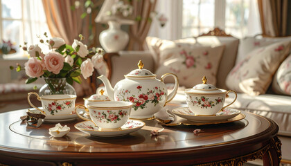 Vintage floral porcelain tea set with gold accents on wooden table, soft natural light, cozy living room with floral cushions and curtains, elegant and warm atmosphere