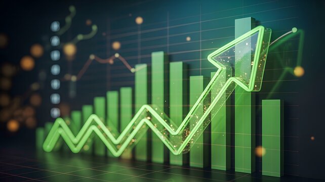 Green arrow pointing upward on a bar graph, representing business growth and success