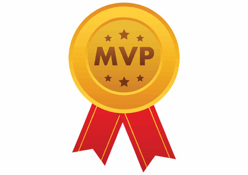 Golden MVP medal icon with red ribbons on a white background