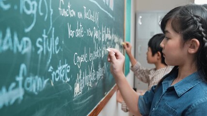 Skilled asian girl writing engineering prompt and programing system while standing blackboard with generated AI prompt written by diverse smart student at STEM technology lesson. Education. Pedagogy. - Powered by Adobe