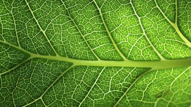 This extreme macro close-up reveals the vibrant green veins of a fresh leaf, beautifully illuminated by natural light filtering through its delicate surface. The intricate organic network showcases na
