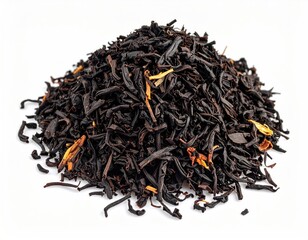 Heap of dark, dried tea leaves with some gold pieces