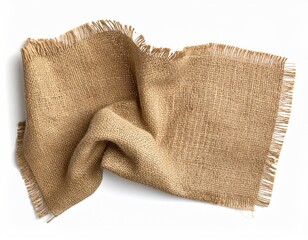 Burlap cloth, textured, crumpled, fringed edges on white