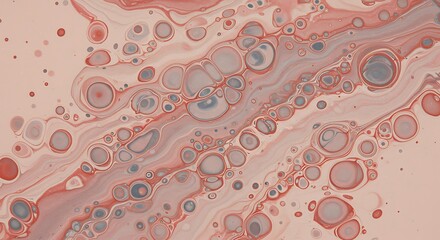 Abstract fluid art background with flowing pastel colors. Gentle waves of peach, teal, and lavender create a calming marbled texture with cellular details
