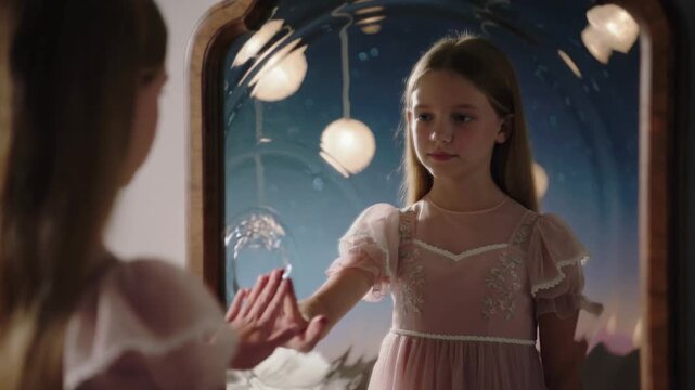 Girl touching a distorted mirror in a dreamy setting