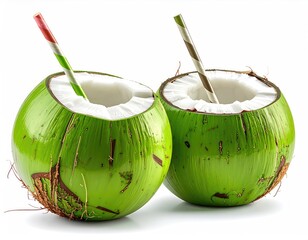 Two halved green coconuts with striped straws, fresh and cool