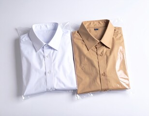 Two shirts in plastic bags, one white, one khaki