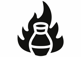 A stylized black and white illustration of a vase engulfed in flames, representing destruction.