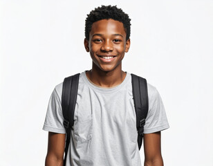 Smiling teenage boy wearing gray t shirt and black backpack standing against white background, expressing happiness and confidence with natural curly hair and casual style