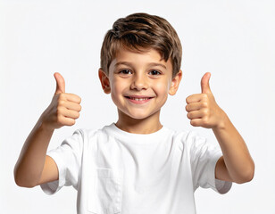 Smiling boy showing thumbs up with both hands, happy child wearing white t shirt expressing positivity and confidence, isolated on white background
